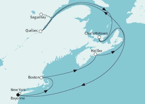 Routenkarte 14 Naechte Ostkueste der USA und Kanada ab bis Bayonne