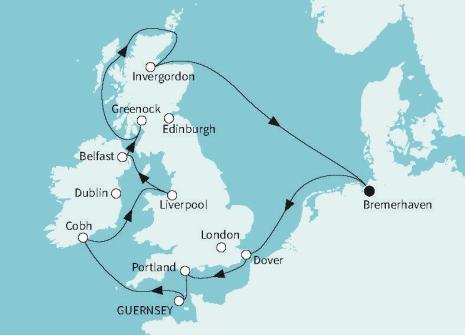 Routenkarte Rund um die Grüne Insel mit Mein Schiff 3