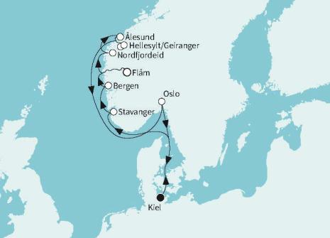 Routenkarte 11 Nächte Natur pur in Norwegens Fjorden mit Mein Schiff Relax